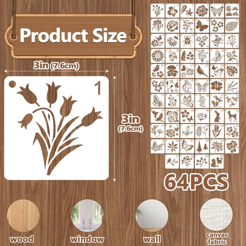 Resflyar 64 PCS 5 Inch Flower Stencils, Plant Butterfly Reusable Plastic Paint Templates for Painting on Wood, Botanical Birds Animal Forest Theme Stencils Set for Wall Rock Canvas Drawing Art Fabric Tile Home - Image 2